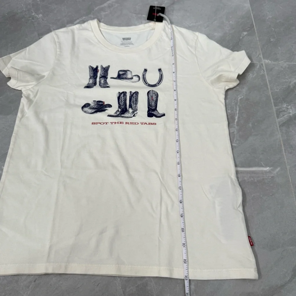 Women’s Levi’s Perfect T-Shirt Moody Spot The Tab Cowboy Boots Graphic Small - Picture 15 of 16